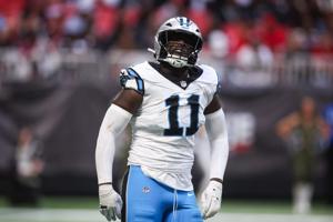 Nov 16, 2025; Atlanta, Georgia, USA; Carolina Panthers outside linebacker Nic Scourton (11) reacts after a play in the fourth quarter against the Atlanta Falcons at Mercedes-Benz Stadium. Mandatory Credit: Brett Davis-Imagn Images