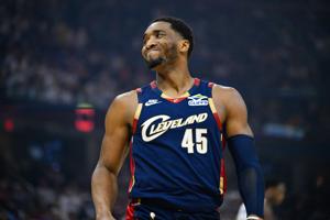 Cleveland Cavaliers guard Donovan Mitchell reacts against the New York Knicks during Game 3 of the Eastern Conference finals for the 2026 NBA playoffs at Rocket Arena.