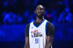 Feb 13, 2026; Los Angeles, CA, USA; Tacko Fall of Team 1 looks on during the NBA All Star Celebrity Game at Kia Forum. Mandatory Credit: William Liang-Imagn Images