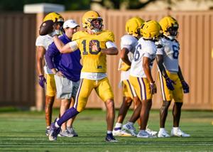 Quarterback Sam Leavitt 10 during LSU Football practice. August 18, 2026.