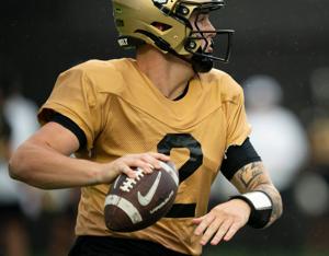 Vanderbilt quarterback Jared Curtis (2) looks to pass during Vanderbilt Football's Black and Gold Spring Game in FirstBank