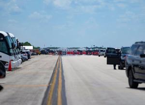 Tents and other structures are seen in the distance after Governor Ron DeSantis held a press conference with White House Border