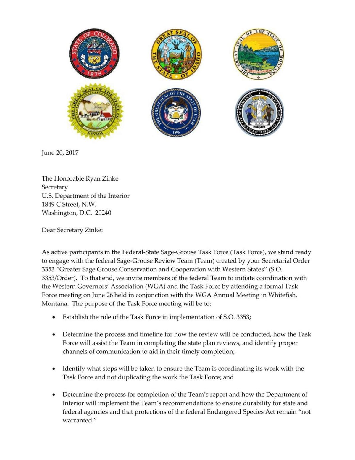 Western Governors Letter To Department Of Interior Trib Com