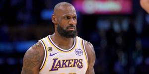 May 9, 2026; Los Angeles, California, USA; Los Angeles Lakers forward LeBron James (23) reacts after a foul in game three of the second round of the 2026 NBA Playoffs against the Oklahoma City Thunder at Crypto.com Arena. Mandatory Credit: Jayne Kami