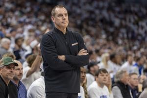 Phoenix Suns head coach Frank Vogel looks on against the Minnesota Timberwolves in the first half during game one of the first round for the 2024 NBA playoffs at Target Center in Minneapolis, Minnesota, on April 20, 2024.
