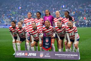 United States starting 11 poses for a photo before the game against Japan at Lumen Field on April 14, 2026.
