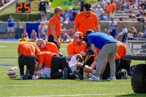 Oklahoma State offensive lineman Jacob Sexton (79) lays on the ground hurt during the first half of a college football game between Oklahoma State (OSU) and Tulsa at H. A. Chapman Stadium in Tulsa, Okla., on Saturday, Sept. 5, 2026.