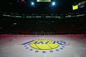 The Los Angeles Lakers logo at midcourt during Game 1 of the first round of the 2026 NBA Playoffs.