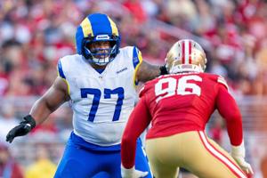 Los Angeles Rams offensive tackle Alaric Jackson (77) blocks San Francisco 49ers defensive end Clelin Ferrell (96) during the third quarter at Levi's Stadium.