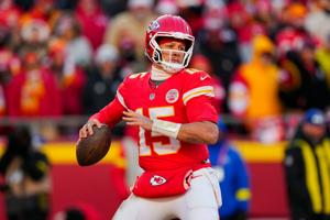 Kansas City Chiefs quarterback Patrick Mahomes (15) throws a pass during the second half against the Los Angeles Chargers at GEHA Field at Arrowhead Stadium.