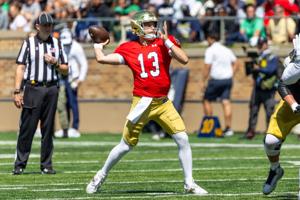 Apr 25, 2026; Notre Dame, IN, USA; Notre Dame Fighting Irish quarterback CJ Carr (13) throws a pass during the Blue-Gold game at Notre Dame Stadium. Mandatory Credit: Michael Caterina-Imagn Images