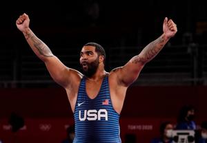Aug 6, 2021; Chiba, Japan; Gable Dan Steveson (USA) celebrates after defeating Geno Petriashvili (GEO) in the men's freestyle 125kg final during the Tokyo 2020 Olympic Summer Games at Makuhari Messe Hall A. Mandatory Credit: Mandi Wright-USA TODAY Sp