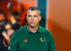Jan 19, 2026; Miami Gardens, FL, USA; Miami Hurricanes head coach Mario Cristobal against the Indiana Hoosiers during the College Football Playoff National Championship game at Hard Rock Stadium. Mandatory Credit: Mark J. Rebilas-Imagn Images
