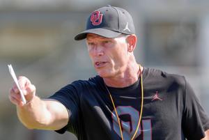 Oklahoma head coach Brent Venables runs drills during an OU Football practice in Norman, Okla., on Tuesday, Aug. 11, 2026.