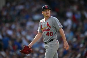 Aug 16, 2026; Chicago, Illinois, USA; St. Louis Cardinals pitcher Hunter Dobbins (40) walks back to the dugout after being relieved against the Chicago Cubs during the sixth inning at Wrigley Field. Mandatory Credit: Patrick Gorski-Imagn Images