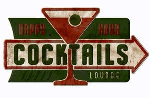 Vintage Cocktail Lounge Sign Happy Hour Cocktails Tin Metal Antique Bar Grill Martini Party.