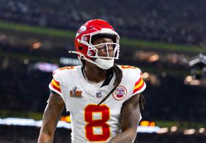 Feb 9, 2025; New Orleans, LA, USA; Kansas City Chiefs wide receiver DeAndre Hopkins (8) against the Philadelphia Eagles in Super Bowl LIX at Ceasars Superdome. Mandatory Credit: Mark J. Rebilas-Imagn Images