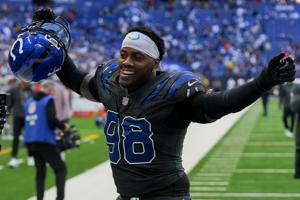 Indianapolis Colts defensive end Arden Key (98) walks off the field Sunday, Sept. 27, 2026, after defeating the Houston Texans