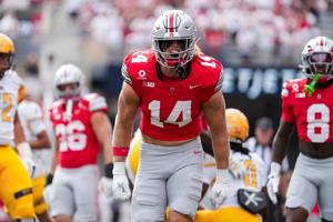 Ohio State Buckeyes linebacker Christian Alliegro (14) reacts during the NCAA football game against the Kent State Golden