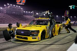 NASCAR Truck Series driver Layne Riggs (34) makes a pit stop during the Allegiance 200 at Nashville Superspeedway in Lebanon,