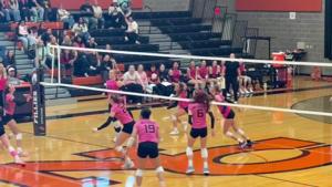 Natrona County's Bristol Craig powers down a kill in the Fillies' sweep of Riverton on Saturday.