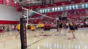 Kelly Walsh's Madyn with the kill in the North's victory in the WCF all-star volleyball game Saturday.