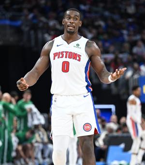 Detroit Pistons center Jalen Duren (0) argues a foul call with referee Brian Forte in the second quarter.