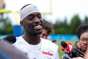 Detroit Lions cornerback Terrion Arnold (6) speaks to media members after practice during mini camp at Meijer Performance Center in Allen Park on Wednesday, June 17, 2026.