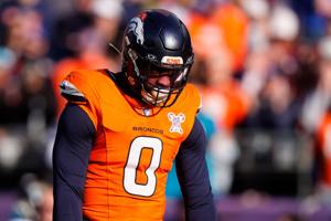 Dec 21, 2025; Denver, Colorado, USA; Denver Broncos linebacker Jonathon Cooper (0) before the game at Empower Field at Mile High. Mandatory Credit: Ron Chenoy-Imagn Images