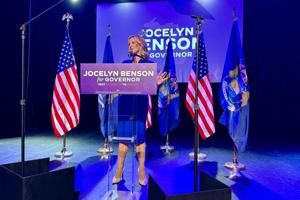 Michigan Secretary of State and gubernatorial candidate Jocelyn Benson speaks to supporters after winning the Democratic primary for governor at the Garden Theater in Detroit on Tuesday, Aug. 4, 2026.