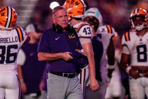 Sep 20, 2025; Baton Rouge, Louisiana, USA;  LSU Tigers head coach Brian Kelly looks on against the Southeastern Louisiana Lions during the second half at Tiger Stadium. Mandatory Credit: Stephen Lew-Imagn Images
