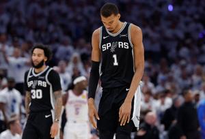 May 26, 2026; Oklahoma City, Oklahoma, USA; San Antonio Spurs forward Victor Wembanyama (1) reacts after a play during the third quarter against the Oklahoma City Thunder in game five of the western conference finals for the 2026 NBA playoffs at Payc