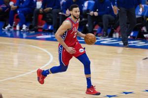 Feb 25, 2021; Philadelphia, Pennsylvania, USA; Philadelphia 76ers guard Ben Simmons (25) dribbles up court against the Dallas Mavericks during the third quarter at Wells Fargo Center. Mandatory Credit: Bill Streicher-USA TODAY Sports