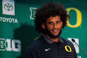 Oregon quarterback Dante Moore talks to reporters during Oregon Football’s media day at Autzen Stadium in Eugene, Oregon on August 3, 2026.