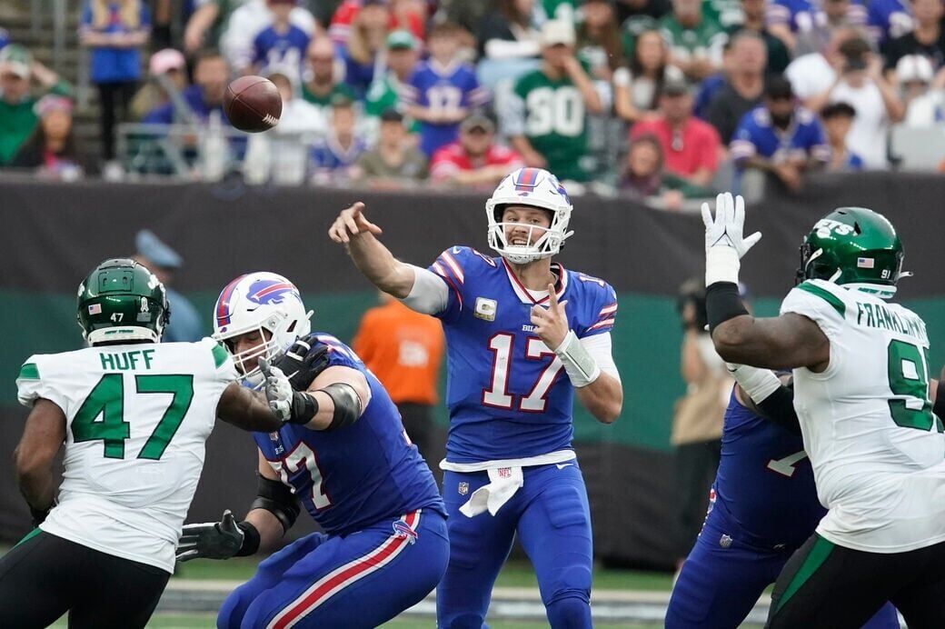 New York Jets' Jermaine Johnson (52) tackles Buffalo Bills quarterback Josh  Allen (17) during the second half of an NFL football game, Sunday, Nov. 6,  2022, in East Rutherford, N.J. The Jets