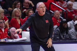 Nov 14, 2025; Piscataway, New Jersey, USA; Rutgers Scarlet Knights head coach Steve Pikiell reacts during the first half against the Lehigh Mountain Hawks at Jersey Mike's Arena. Mandatory Credit: Vincent Carchietta-Imagn Images