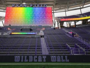The Wildcat Wall student section in the south endzone of Northwestern University’ s nearly finished Ryan Field on Sept. 14, 2026, in Evanston, Ill. The section features safe standing areas.