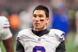 Oct 13, 2025; Atlanta, Georgia, USA; Buffalo Bills safety Taylor Rapp (9) on the field against the Atlanta Falcons at Mercedes-Benz Stadium. Mandatory Credit: Dale Zanine-Imagn Images