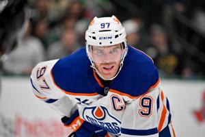 Mar 12, 2026; Dallas, Texas, USA; Edmonton Oilers center Connor McDavid (97) looks on during the third period against the Dallas Stars at the American Airlines Center. Mandatory Credit: Jerome Miron-Imagn Images