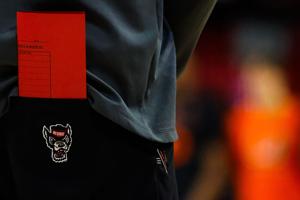 Jan 30, 2024; Raleigh, North Carolina, USA; North Carolina State Wolfpack logo during the first half against Miami (Fl) Hurricanes at PNC Arena. Mandatory Credit: Jaylynn Nash-USA TODAY Sports