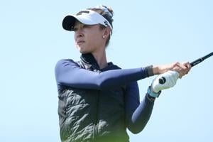Nelly Korda hits her tee shot on the second hole during the third round of the KPMG Women's PGA Championship golf tournament.