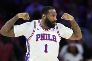 Apr 30, 2026; Philadelphia, Pennsylvania, USA; Philadelphia 76ers center Andre Drummond (1) reacts to his score against the Boston Celtics during the second quarter at Xfinity Mobile Arena. Mandatory Credit: Bill Streicher-Imagn Images