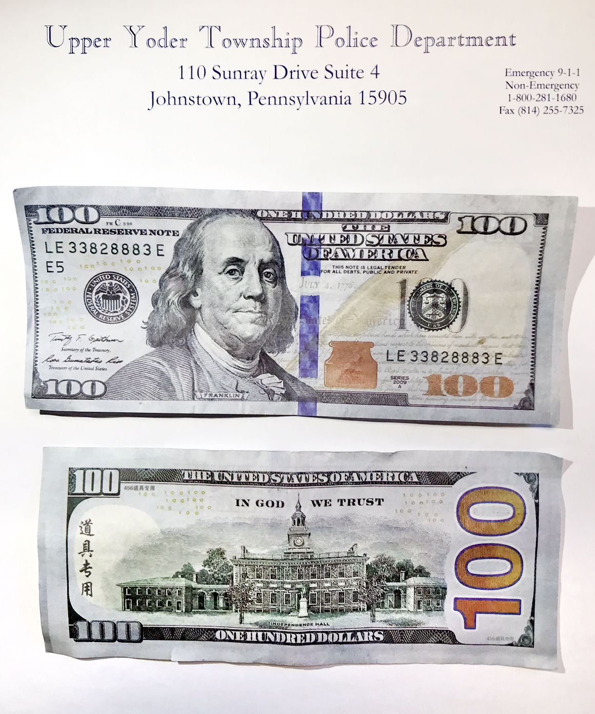 Police chief: Counterfeit bills found in Upper Yoder Township