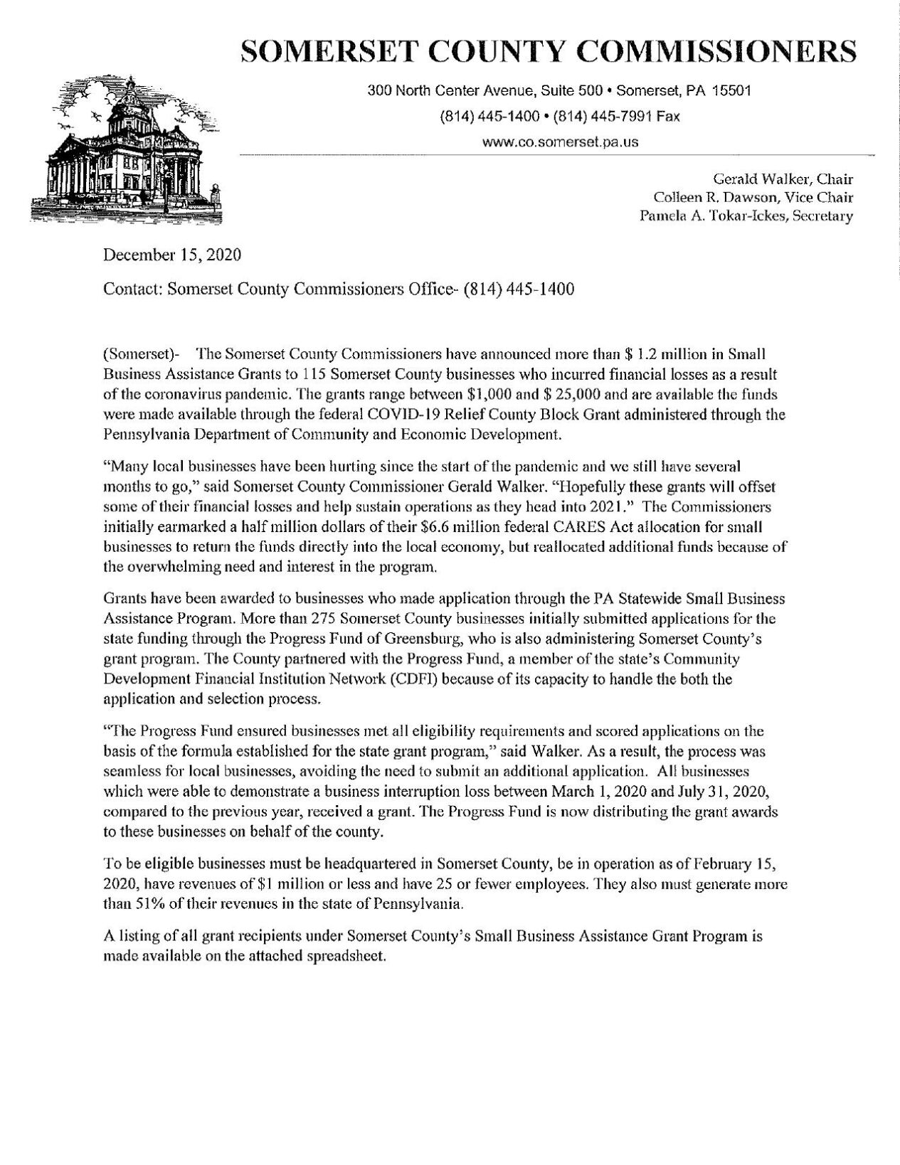 Somerset County distributes $1.2 million in CARES Act funding to small businesses - Vimarsana News