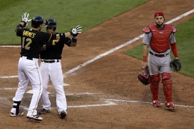 Pittsburgh Pirates catcher Russell Martin (55) looks to the umpire in the  sixth inning of the 11 inning 2-1 win over the St. Louis Cardinals at PNC  Park in Pittsburgh, on July