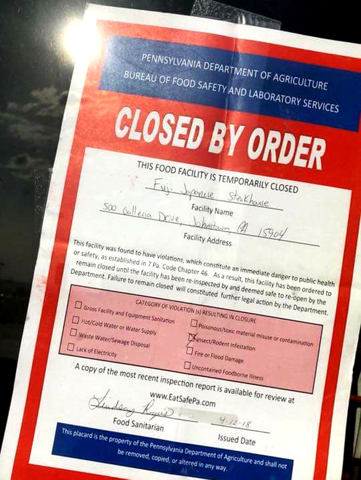 Fuji Japanese Steakhouse restaurant temporarily closed News