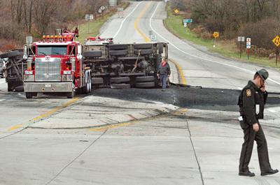 ohio route couple crash tribdem killed truck car coal intersection overturned load block monday parts its
