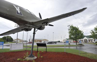 A Curtis P-40 Warhawk greets fliers as they enter the John Murtha Johnstown-Cambria County Airport.
