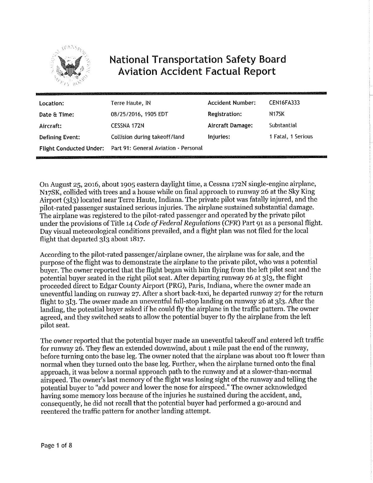 NTSB Aviation Accident Factual Report | | Tribstar.com