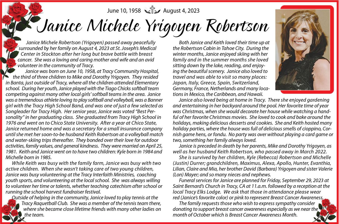 Janice Michele Yrigoyen Robertson Tracy Press Obituaries